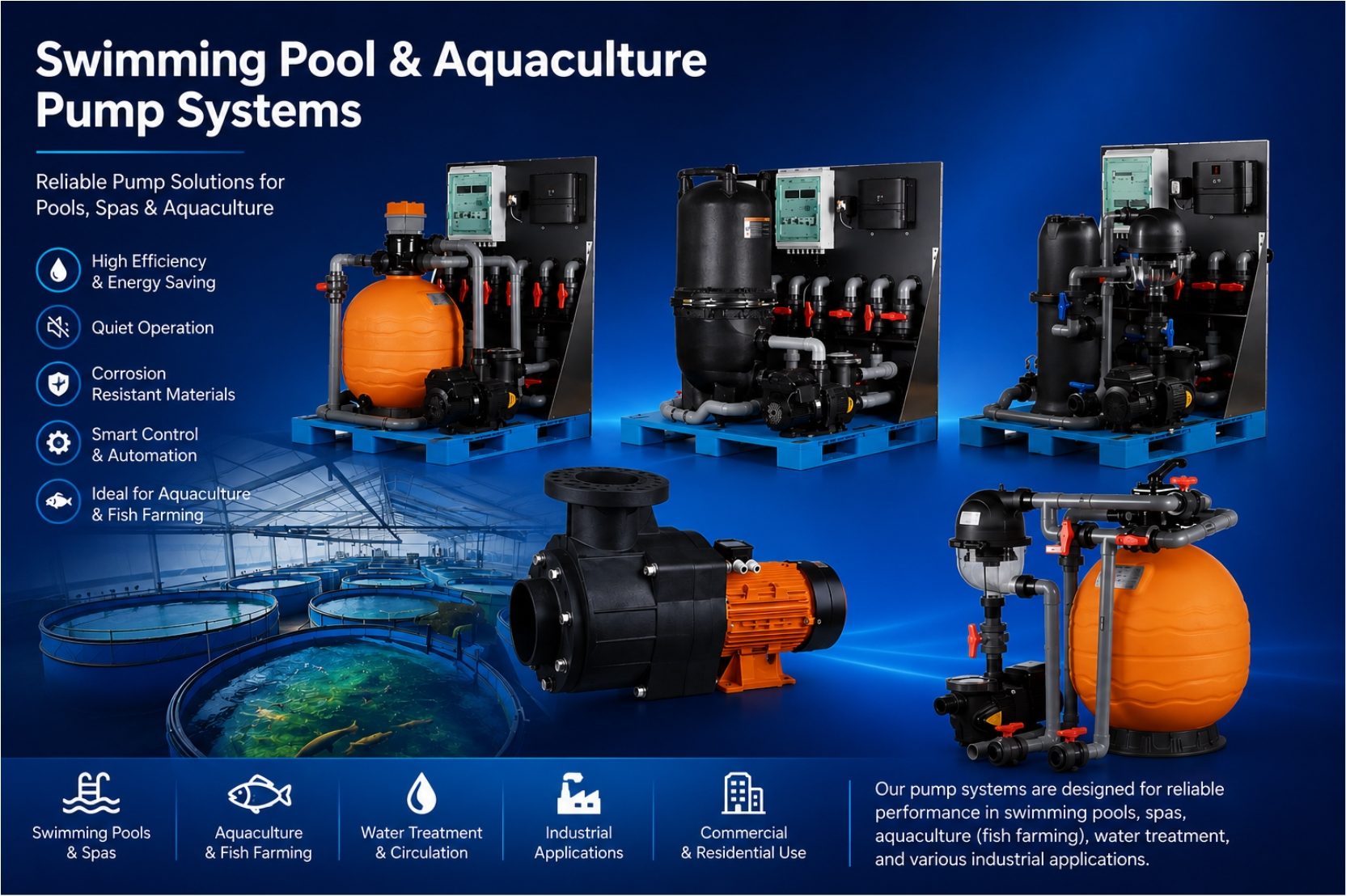 Swimming pool and aquaculture pump systems including filtration, circulation, water treatment, and fish farming equipment