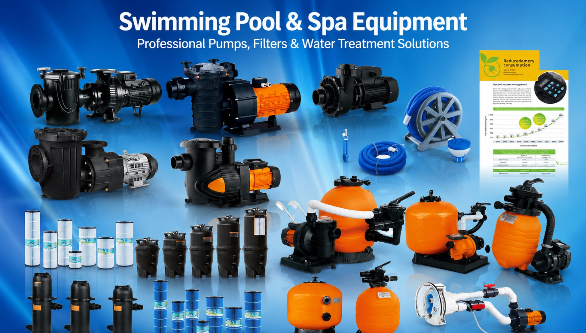 Swimming pool and spa equipment including pumps and filtration systems
